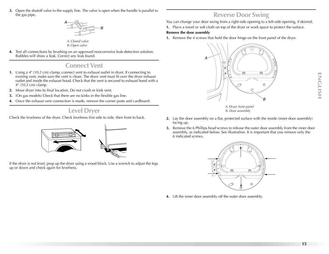 Maytag W10112943A manual Connect Vent, Level Dryer, Reverse Door Swing, Remove the door assembly 