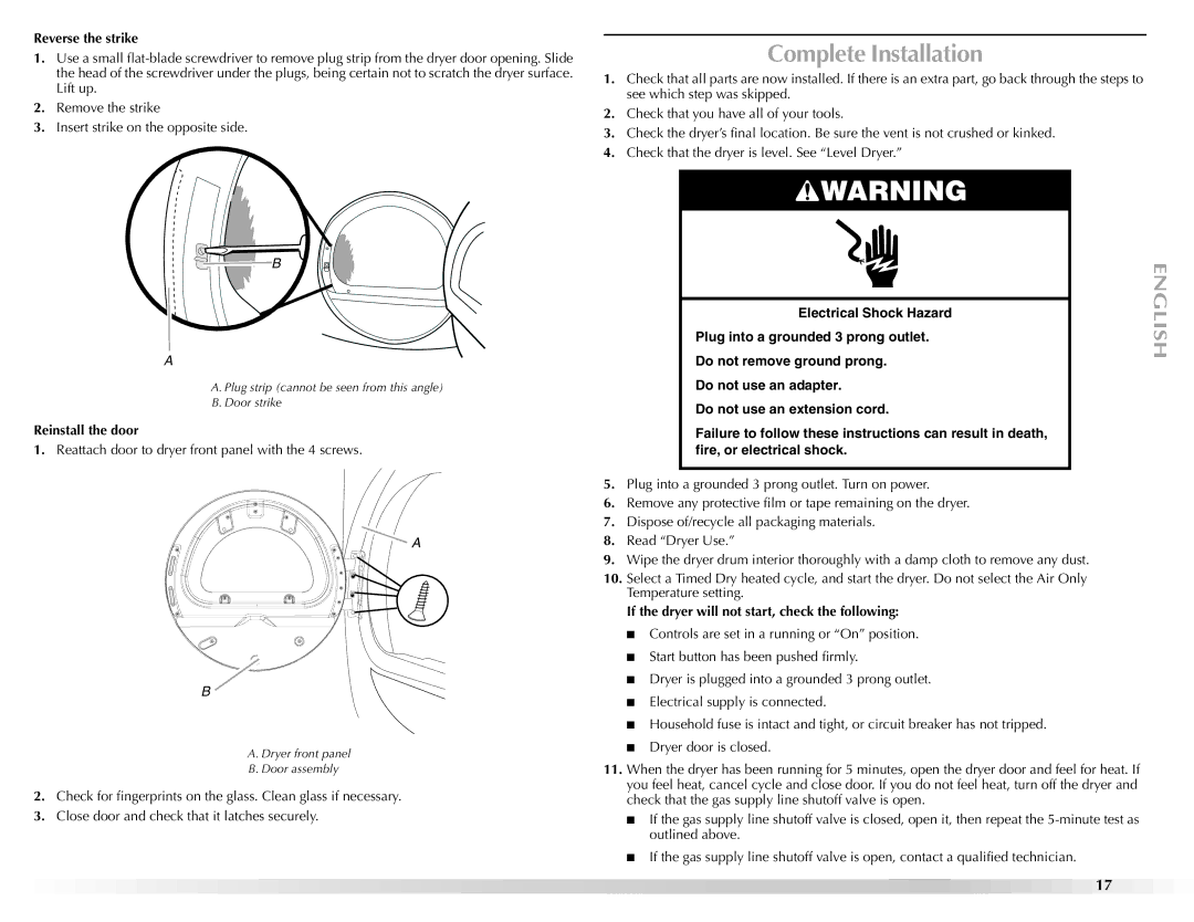 Maytag W10112943A manual Complete Installation, Reverse the strike, Reinstall the door 