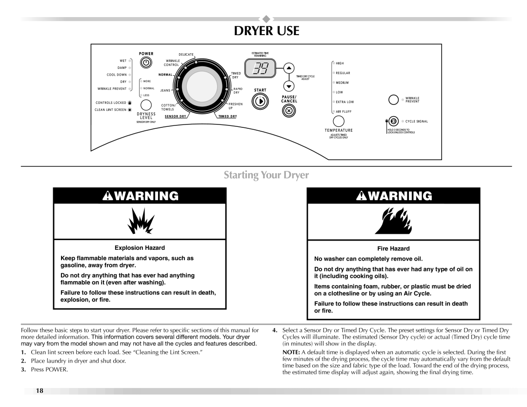 Maytag W10112943A manual Dryer USE, Starting Your Dryer 