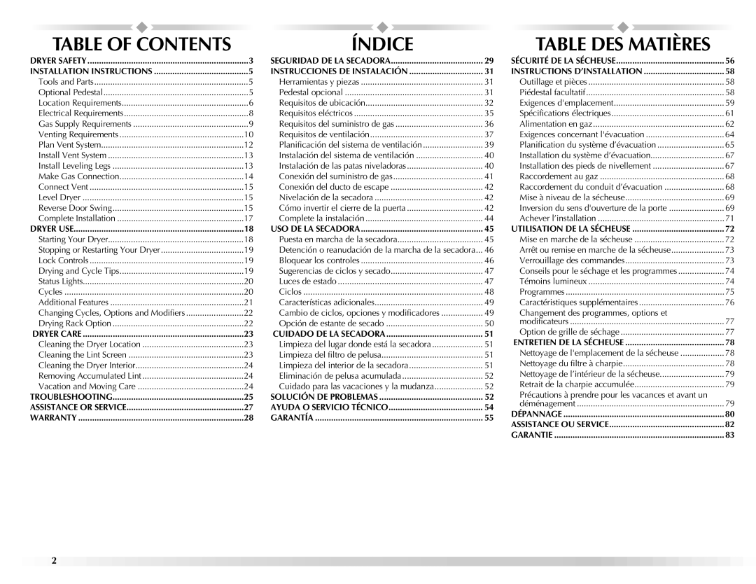 Maytag W10112943A manual Índice, Table of Contents 