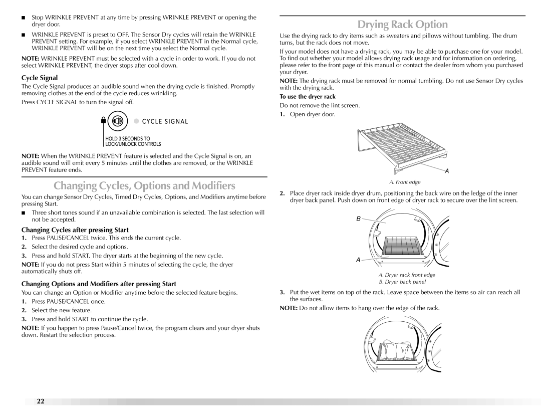 Maytag W10112943A manual Changing Cycles, Options and Modifiers, Drying Rack Option, Cycle Signal 