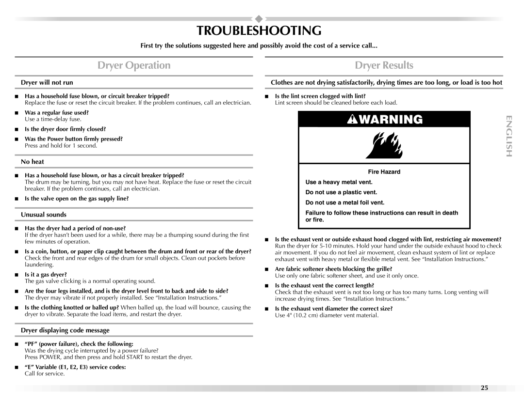 Maytag W10112943A Troubleshooting, Dryer Operation Dryer Results, No heat, Unusual sounds, Dryer displaying code message 