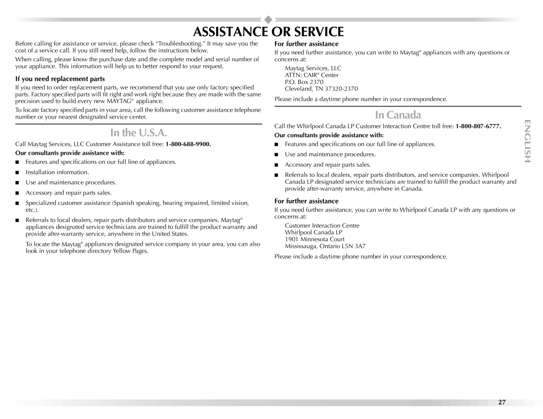 Maytag W10112943A manual Assistance or Service, U.S.A, Canada, If you need replacement parts, For further assistance 