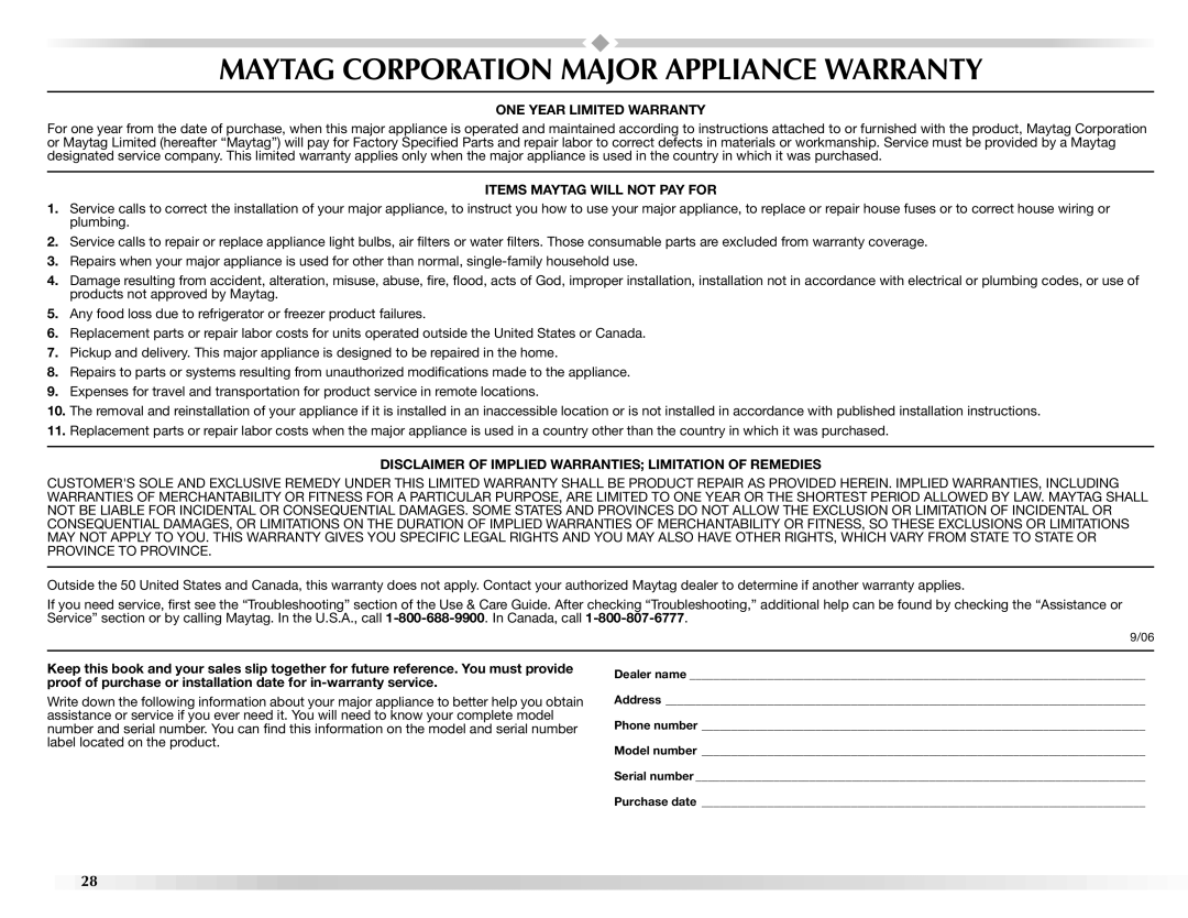 Maytag W10112943A manual Maytag Corporation Major Appliance Warranty, ONE Year Limited Warranty 