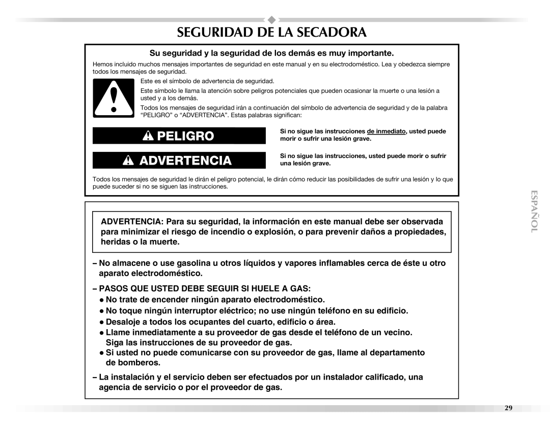 Maytag W10112943A manual Seguridad DE LA Secadora, Su seguridad y la seguridad de los demás es muy importante 