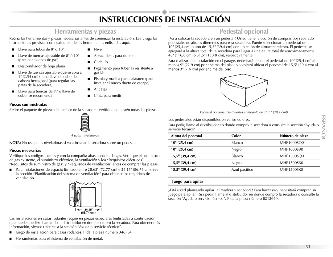 Maytag W10112943A manual Instrucciones DE Instalación, Herramientas y piezas, Pedestal opcional 