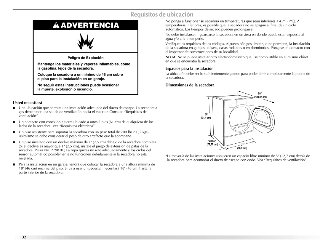 Maytag W10112943A Requisitos de ubicación, Espacios para la instalación, Dimensiones de la secadora, Usted necesitará 