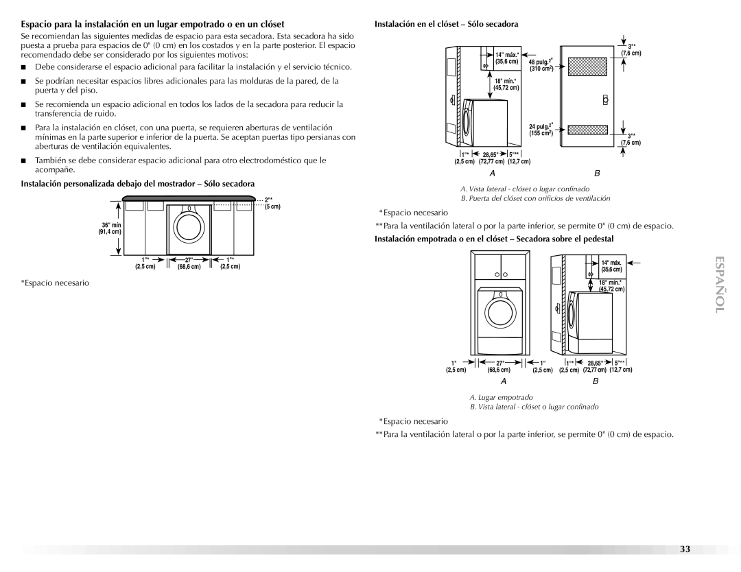 Maytag W10112943A manual Instalación en el clóset Sólo secadora, Espacio necesario 