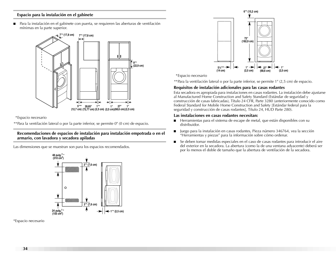 Maytag W10112943A manual Espacio para la instalación en el gabinete, Las instalaciones en casas rodantes necesitan 