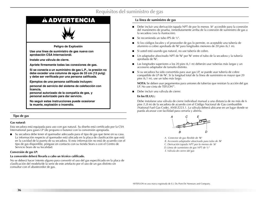 Maytag W10112943A Requisitos del suministro de gas, La línea de suministro de gas, Tipo de gas, En los EE.UU, Gas natural 