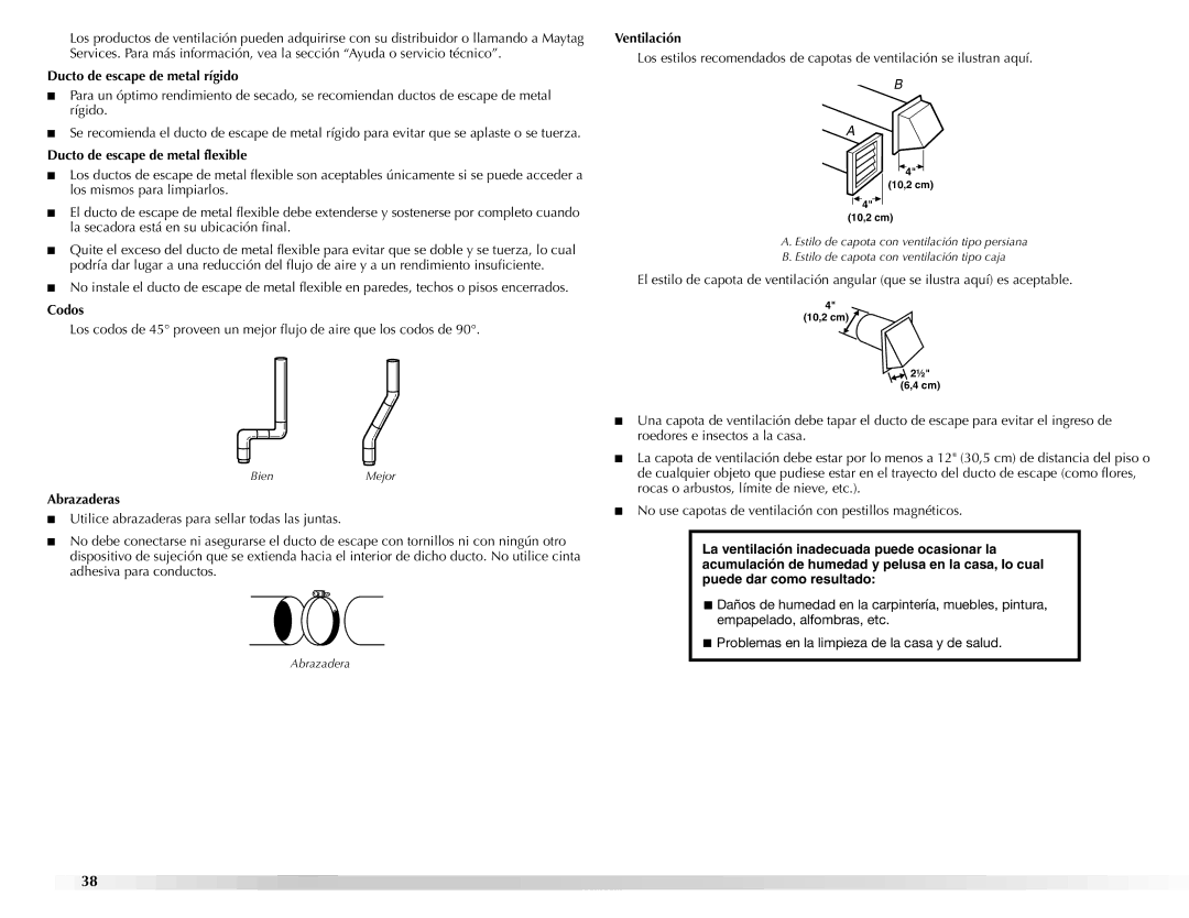 Maytag W10112943A Ducto de escape de metal rígido, Ducto de escape de metal flexible, Codos, Abrazaderas, Ventilación 