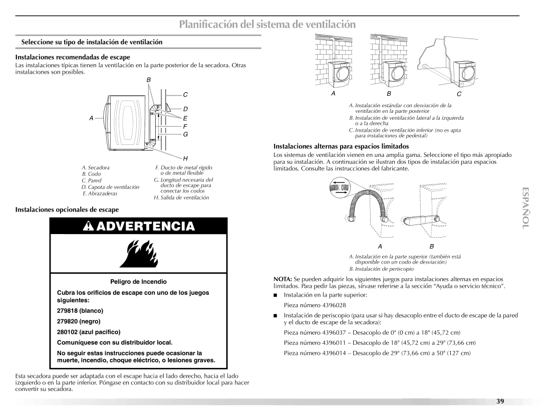 Maytag W10112943A manual Planificación del sistema de ventilación, Instalaciones opcionales de escape 