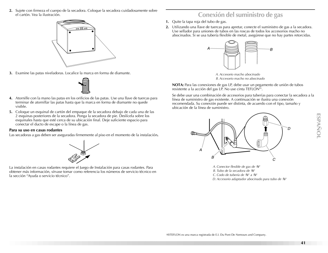 Maytag W10112943A manual Conexión del suministro de gas, Para su uso en casas rodantes, Quite la tapa roja del tubo de gas 