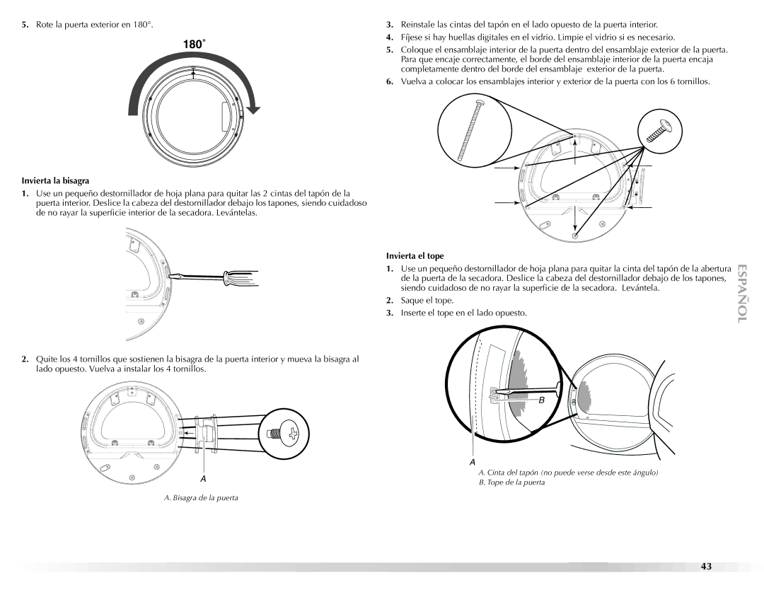 Maytag W10112943A manual Rote la puerta exterior en, Invierta la bisagra, Invierta el tope 