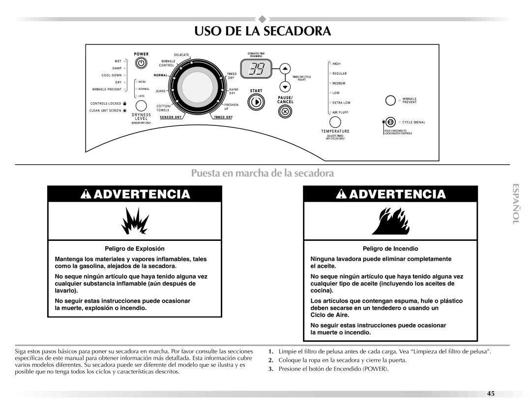 Maytag W10112943A manual USO DE LA Secadora, Puesta en marcha de la secadora 