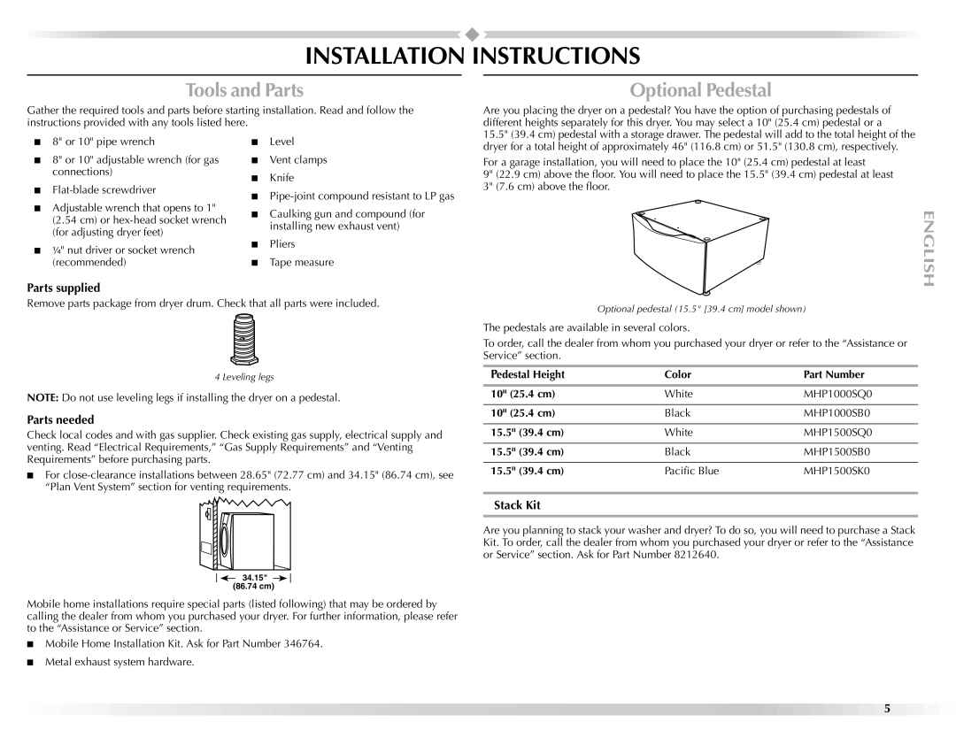 Maytag W10112943A manual Installation Instructions, Tools and Parts, Optional Pedestal 