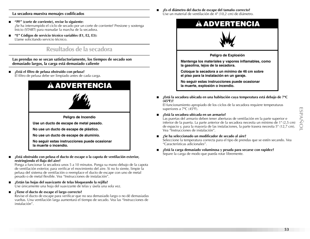 Maytag W10112943A manual Resultados de la secadora, La secadora muestra mensajes codificados 