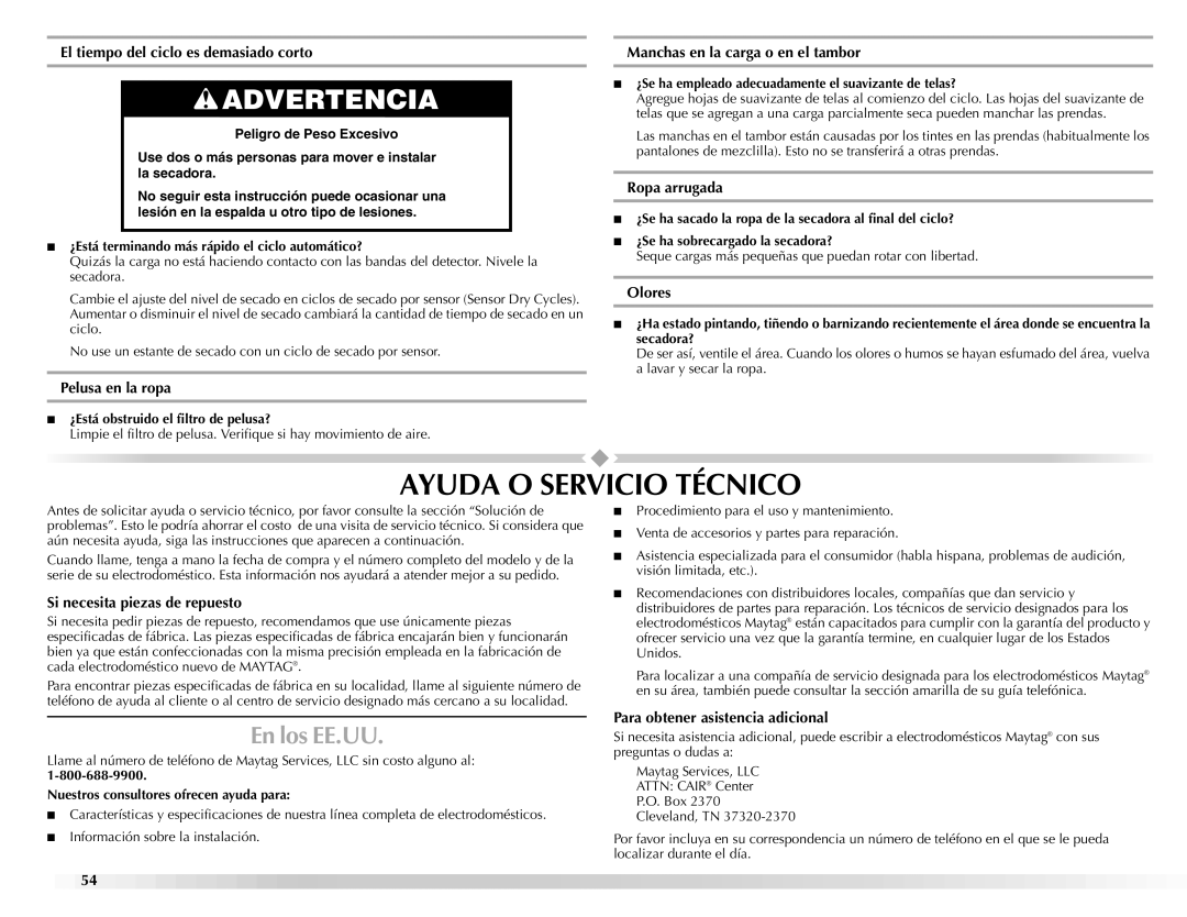 Maytag W10112943A manual Ayuda O Servicio Técnico, En los EE.UU 