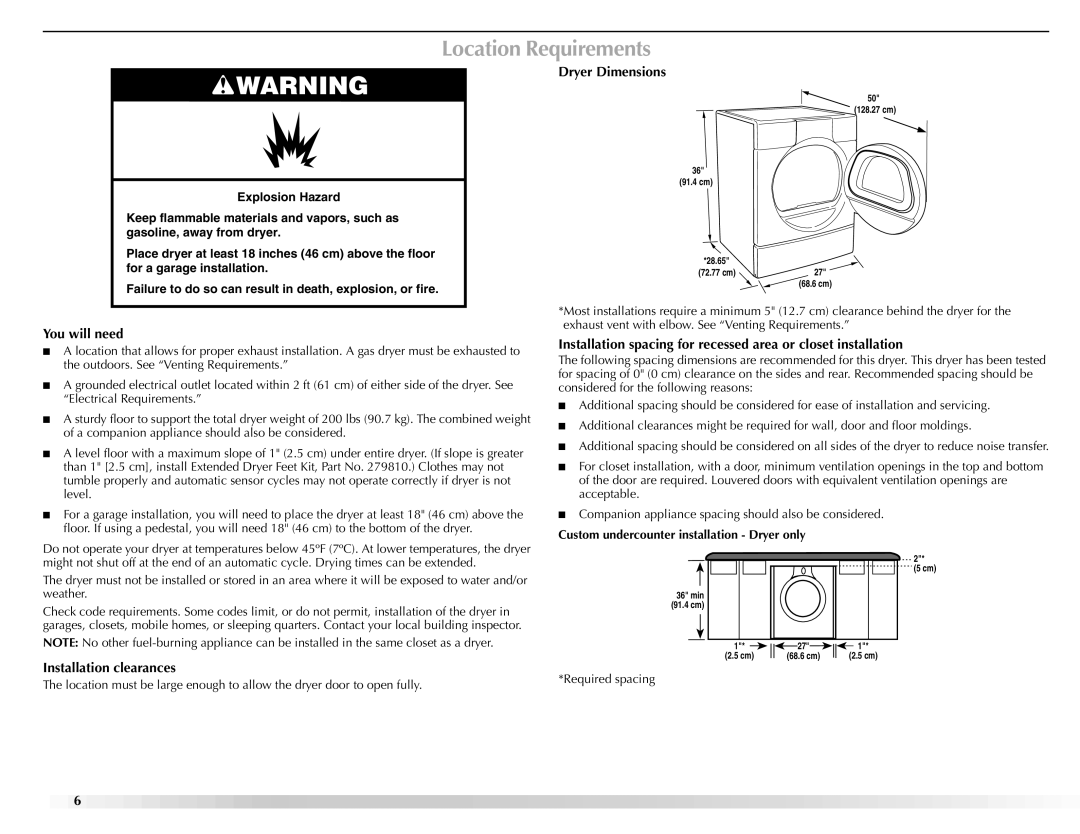 Maytag W10112943A manual Location Requirements, You will need, Dryer Dimensions, Installation clearances 