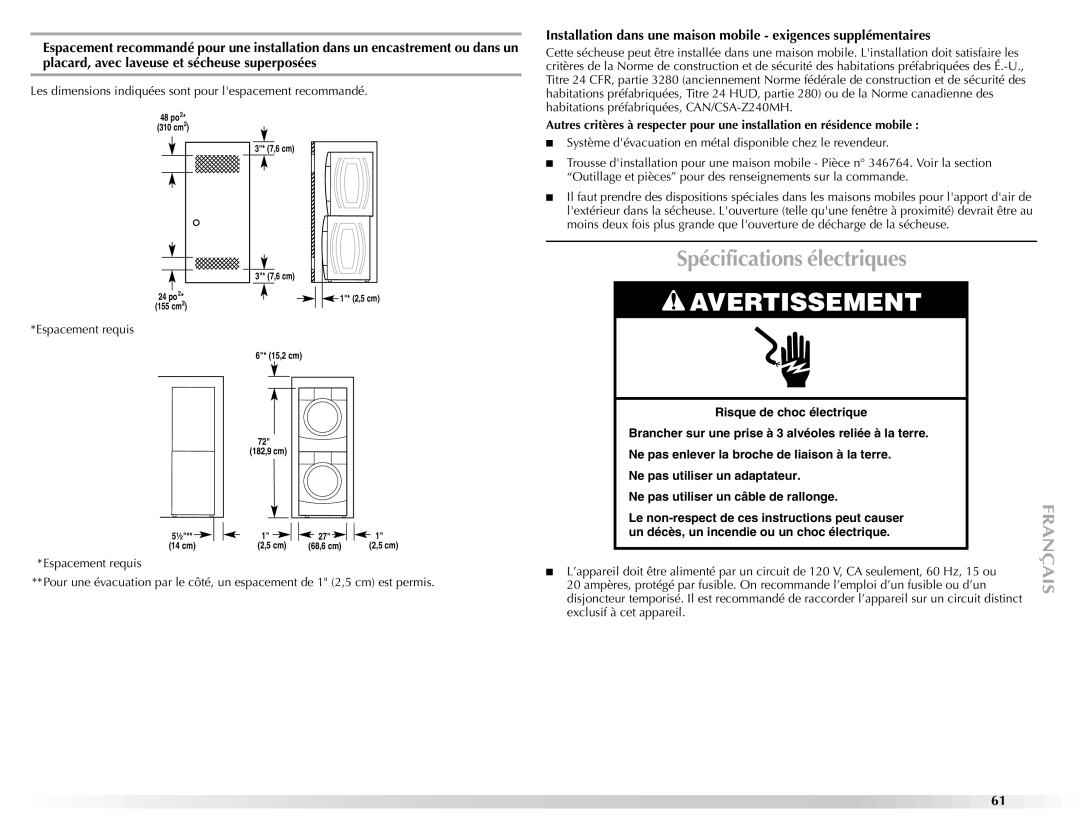 Maytag W10112943A manual Spécifications électriques, Les dimensions indiquées sont pour lespacement recommandé 