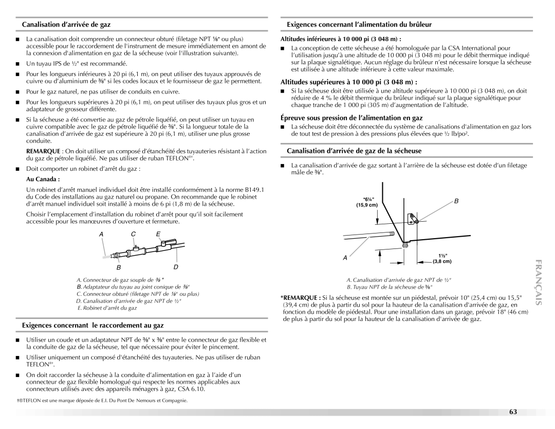 Maytag W10112943A manual Canalisation d’arrivée de gaz, Exigences concernant le raccordement au gaz 