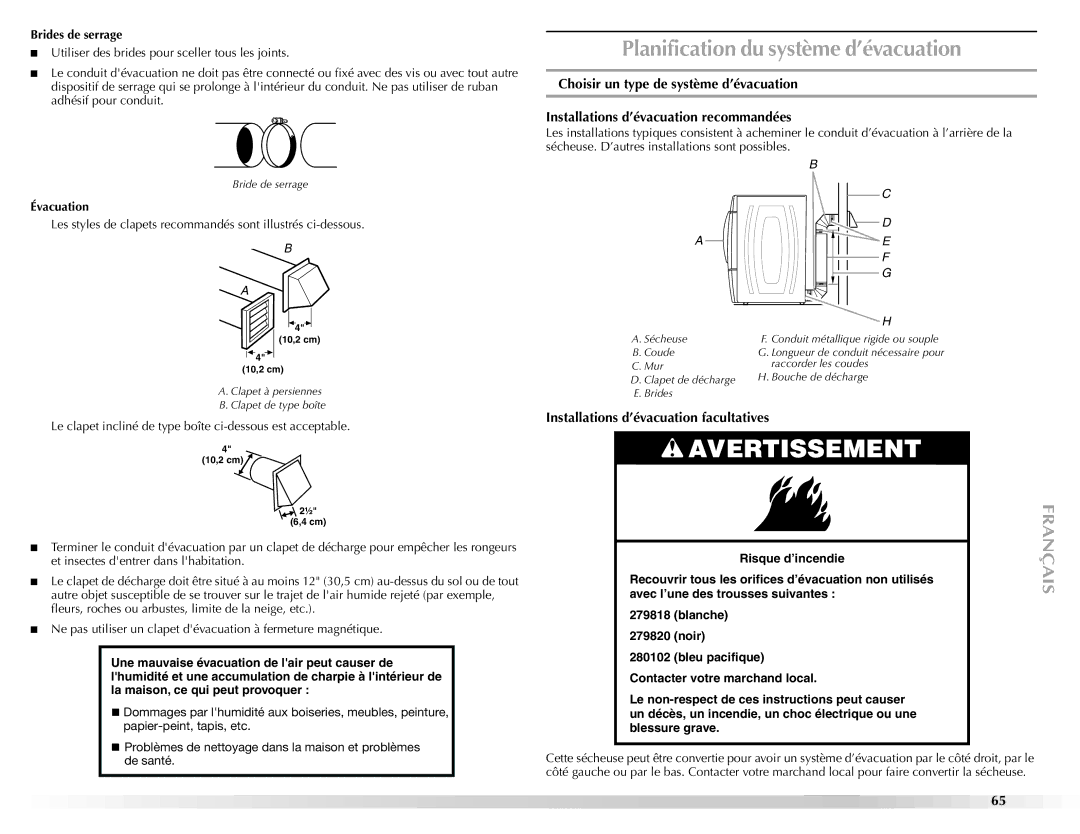 Maytag W10112943A manual Planification du système d’évacuation, Installations d’évacuation facultatives, Brides de serrage 