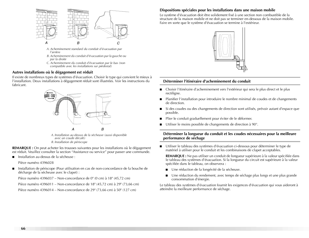 Maytag W10112943A manual Autres installations où le dégagement est réduit, Déterminer litinéraire dacheminement du conduit 