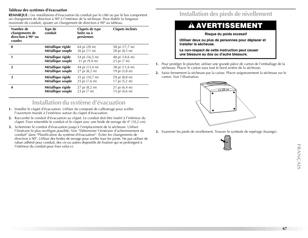 Maytag W10112943A manual Installation du système d’évacuation, Installation des pieds de nivellement 