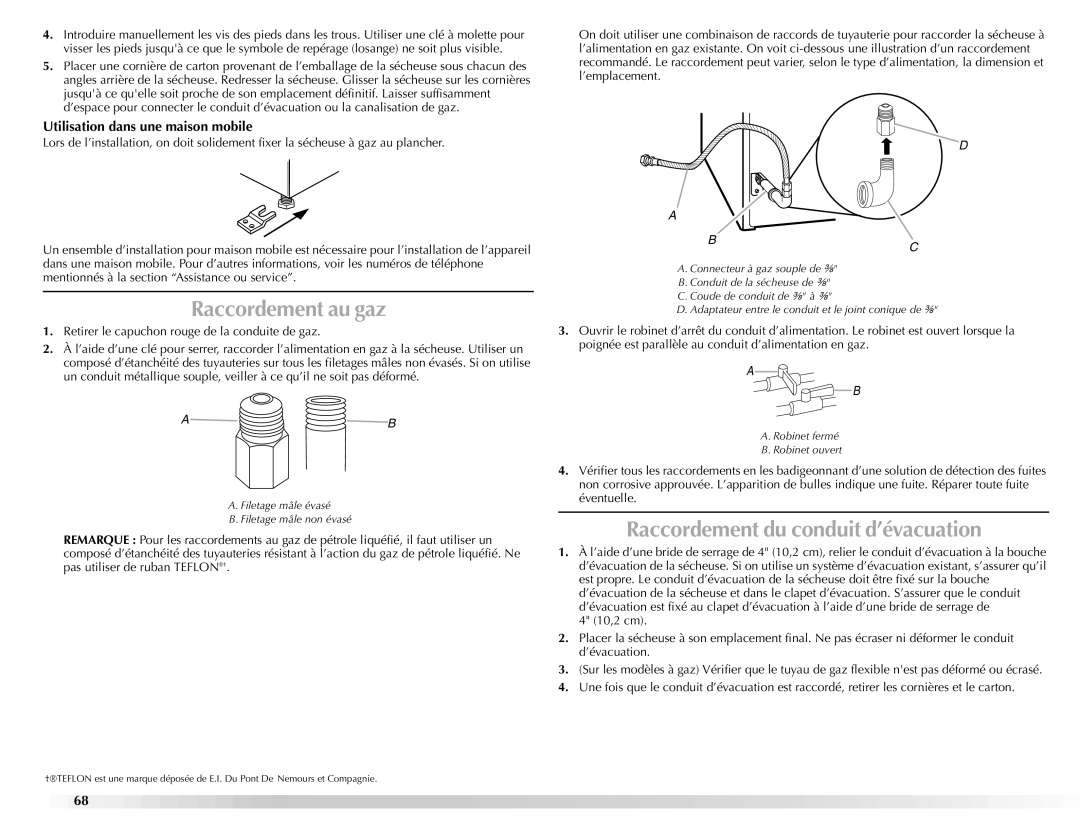 Maytag W10112943A manual Raccordement au gaz, Raccordement du conduit d’évacuation, Utilisation dans une maison mobile 