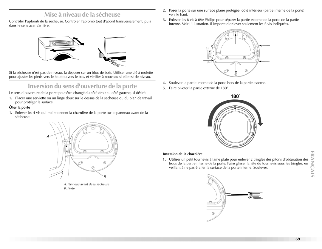 Maytag W10112943A manual Mise à niveau de la sécheuse, Inversion du sens douverture de la porte, Ôter la porte 