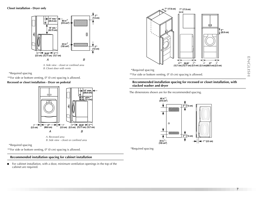 Maytag W10112943A manual Recommended installation spacing for cabinet installation, Closet installation Dryer only 