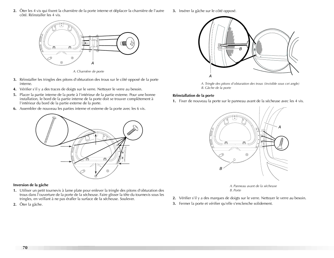 Maytag W10112943A manual Réinstallation de la porte, Inversion de la gâche, Ôter la gâche 