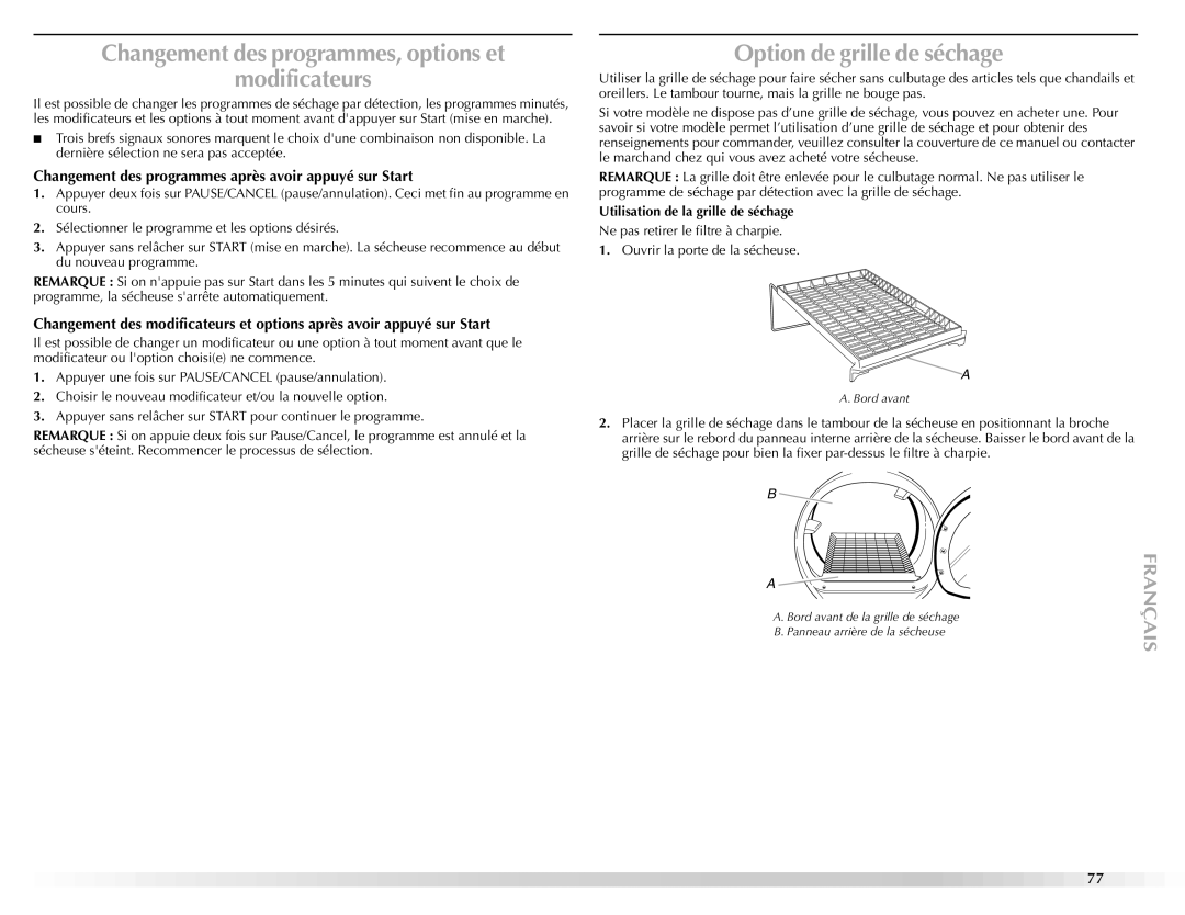 Maytag W10112943A manual Changement des programmes, options et Modificateurs, Option de grille de séchage 