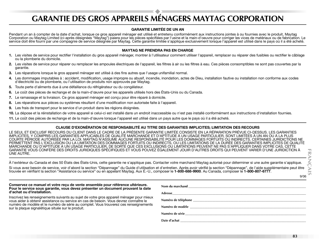 Maytag W10112943A manual Garantie DES Gros Appareils Ménagers Maytag Corporation 