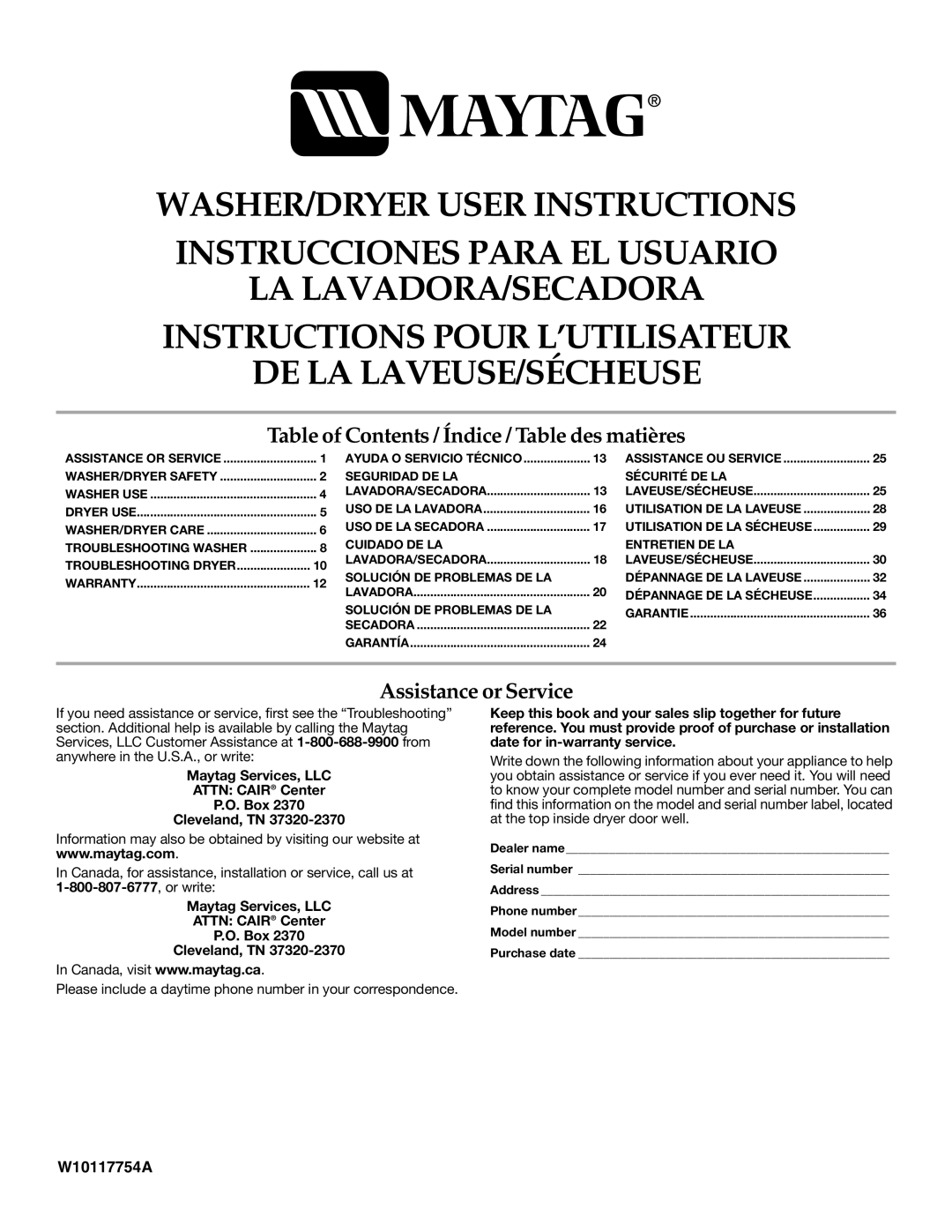 Maytag W10117754A warranty Table of Contents / Índice / Table des matières 