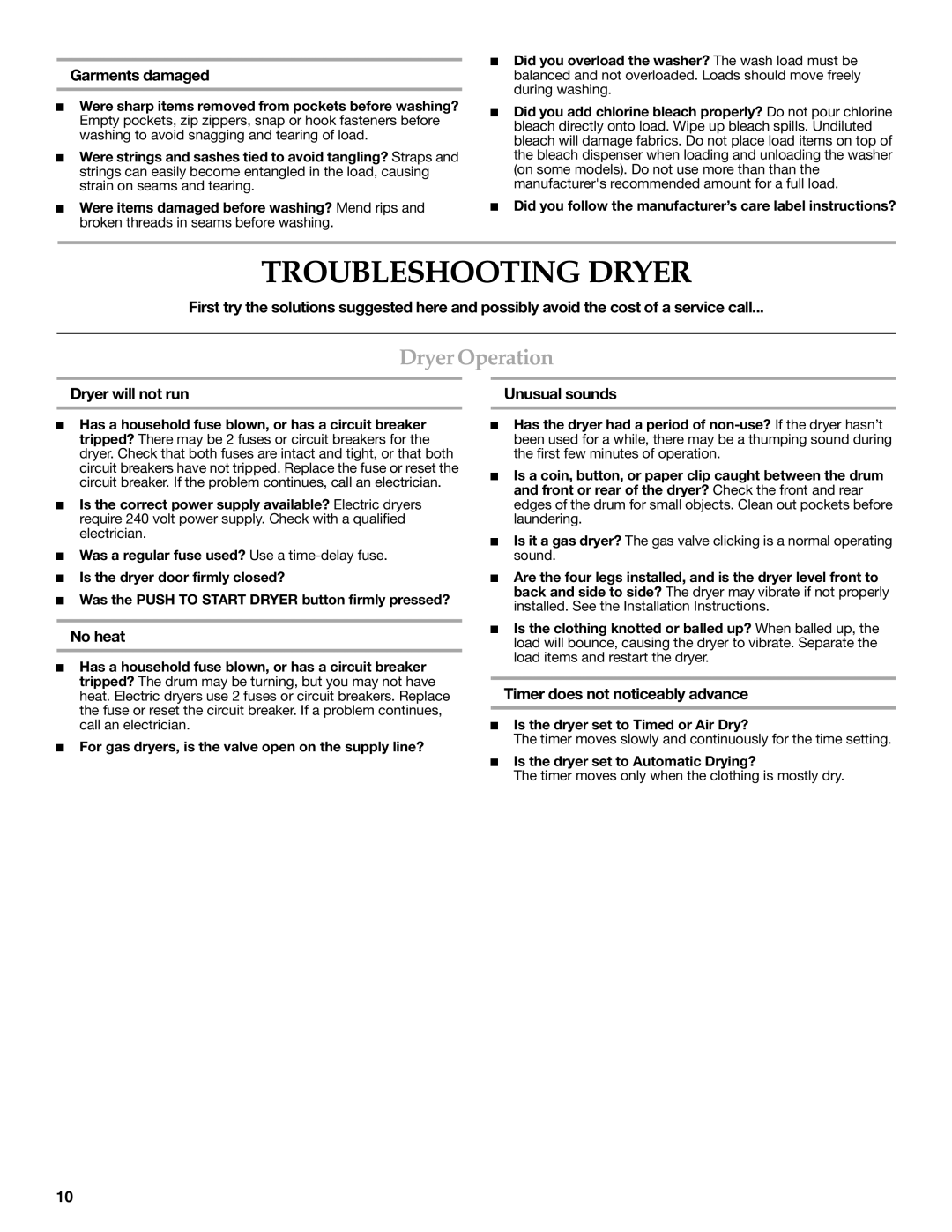 Maytag W10117754A warranty Troubleshooting Dryer, Dryer Operation 