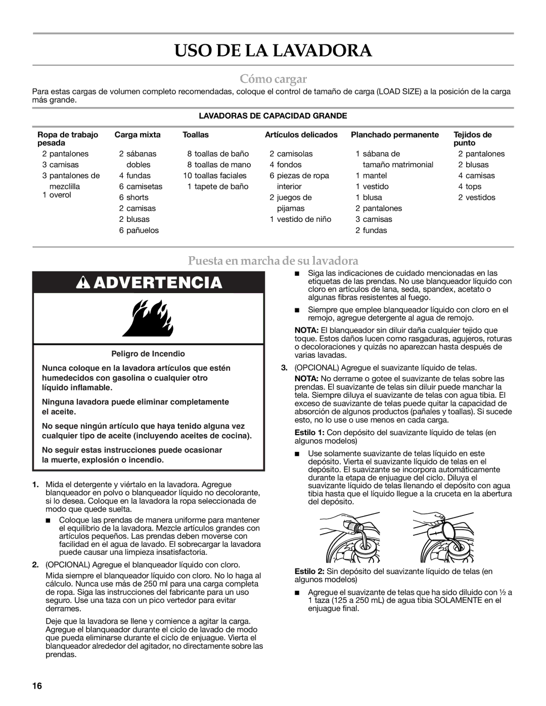 Maytag W10117754A warranty USO DE LA Lavadora, Cómo cargar, Puesta en marcha de su lavadora, Lavadoras DE Capacidad Grande 