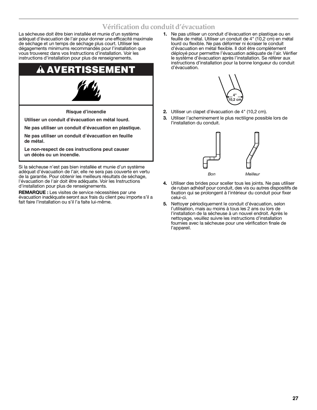 Maytag W10117754A warranty Vérification du conduit d’évacuation 