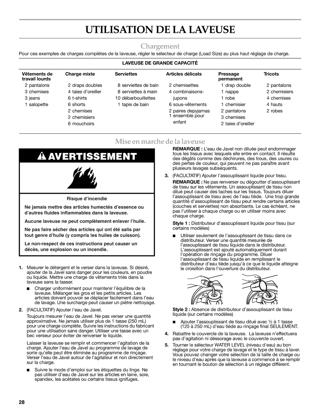 Maytag W10117754A warranty Utilisation DE LA Laveuse, Chargement, Mise en marche de la laveuse, Laveuse DE Grande Capacité 