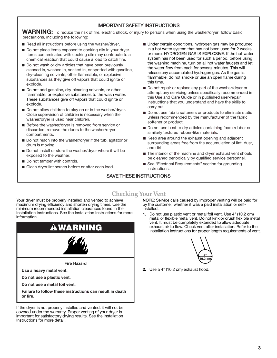 Maytag W10117754A warranty Checking Your Vent, Important Safety Instructions 