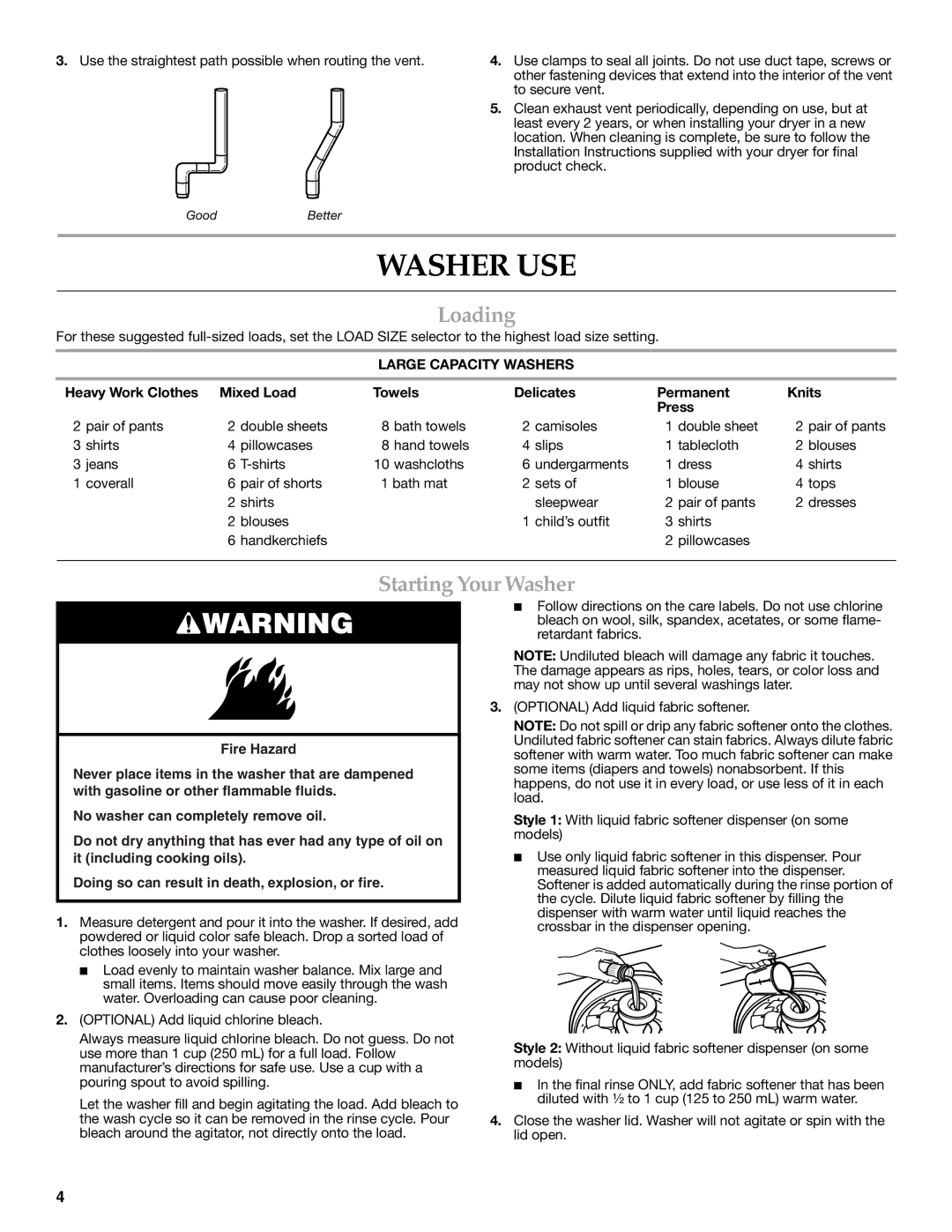 Maytag W10117754A warranty Washer USE, Loading, Starting Your Washer, Large Capacity Washers 