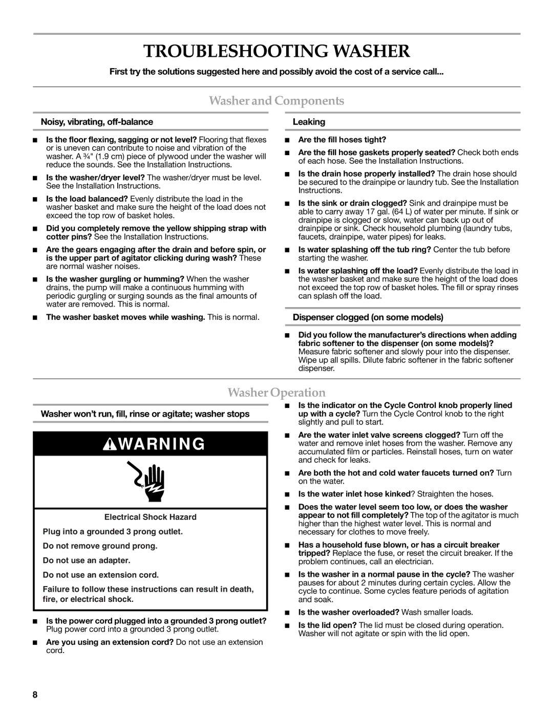 Maytag W10117754A warranty Troubleshooting Washer, Washer and Components, Washer Operation 