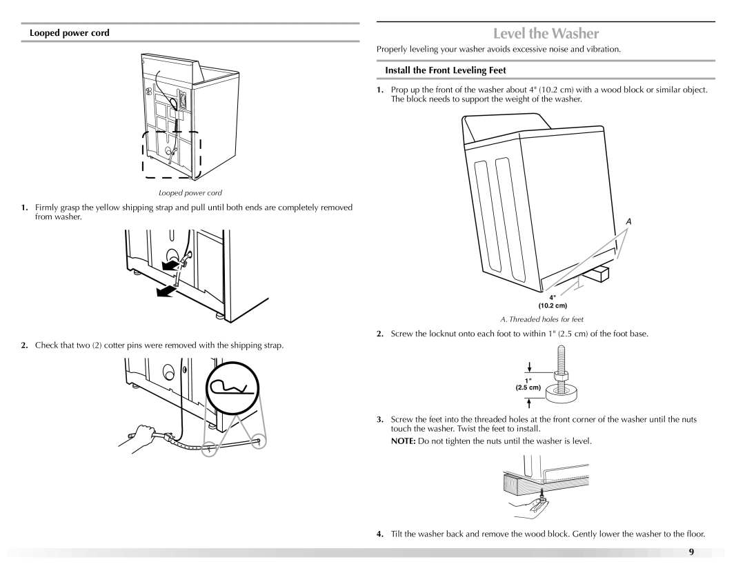 Maytag W10117890A manual Level the Washer, Looped power cord, Install the Front Leveling Feet 