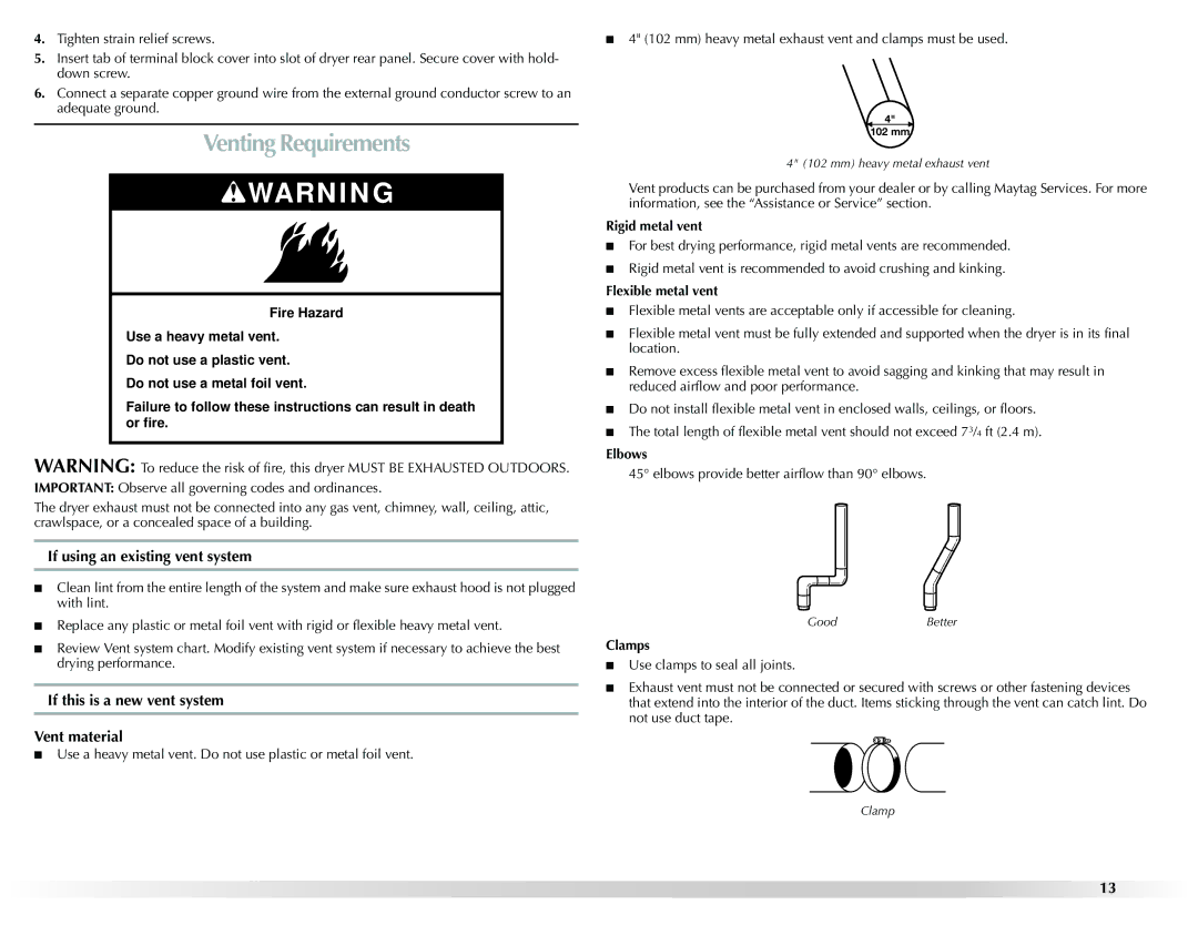 Maytag W10131619A Venting Requirements, If using an existing vent system, If this is a new vent system Vent material 