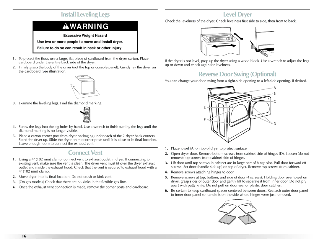 Maytag W10131619A installation instructions Install Leveling Legs, Connect Vent, Level Dryer, Reverse Door Swing Optional 