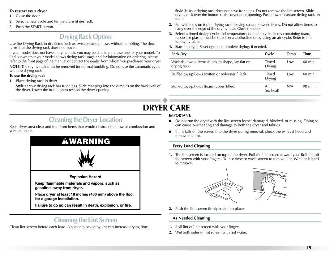 Maytag W10131619A Dryer Care, Drying Rack Option, Cleaning the Dryer Location, Cleaning the Lint Screen 