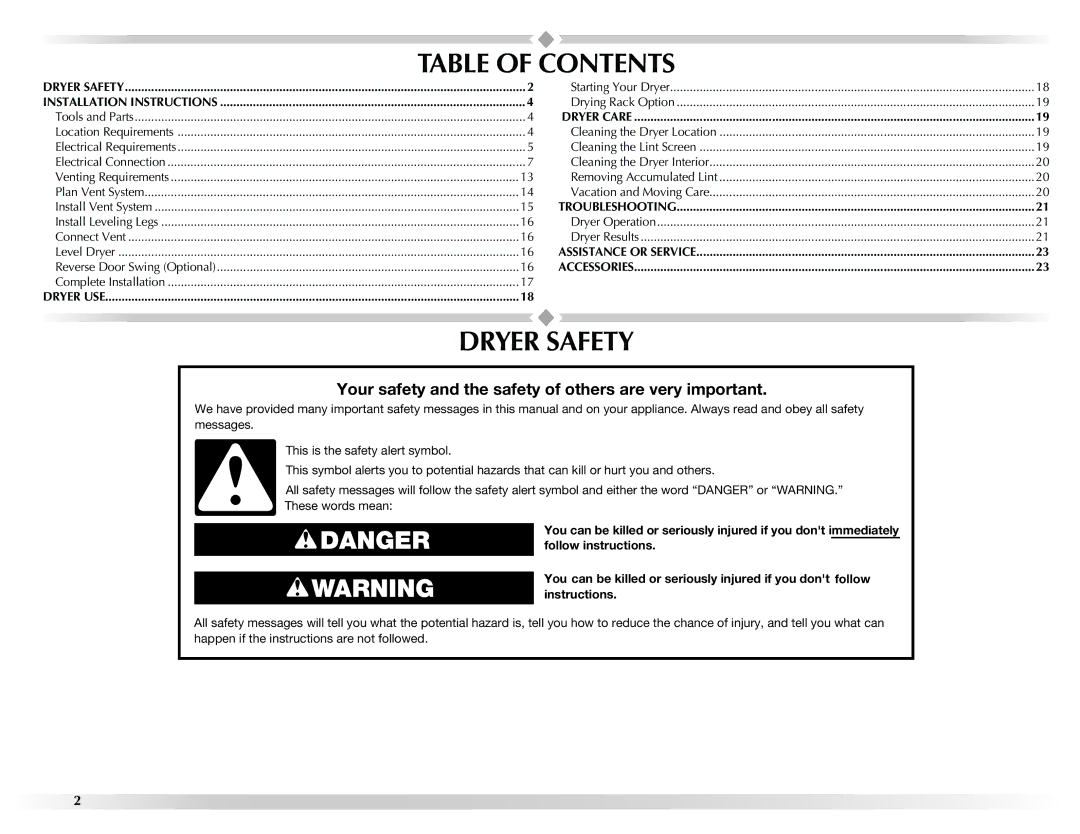 Maytag W10131619A installation instructions Table of Contents, Dryer Safety 