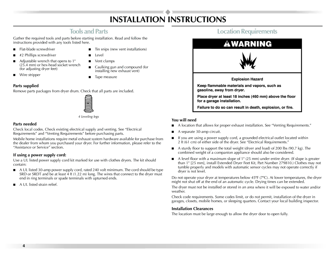 Maytag W10131619A installation instructions Installation Instructions, Tools and Parts, Location Requirements 