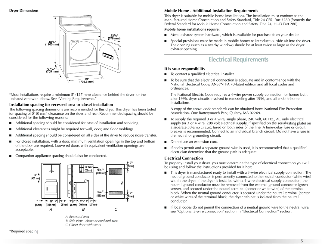 Maytag W10131619A Electrical Requirements, Mobile Home Additional Installation Requirements, It is your responsibility 