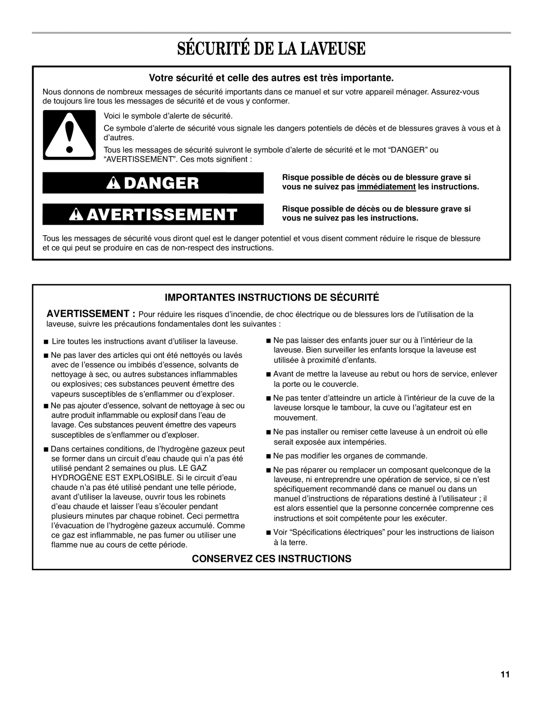 Maytag W10135283A Sécurité DE LA Laveuse, Importantes Instructions DE Sécurité, Conservez CES Instructions 